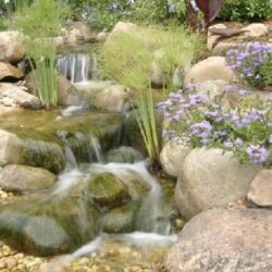 A natural-looking artificial waterfall with water cascading down moss-covered rocks into a small clear pond below, surrounded by lush greenery.