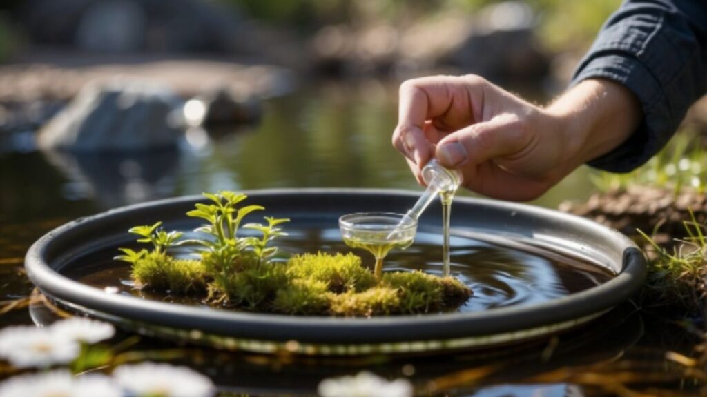 A person gently pours water into a small pond surrounded by lush green plants, enhancing the serene environment.