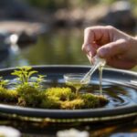A person gently pours water into a small pond surrounded by lush green plants, enhancing the serene environment.
